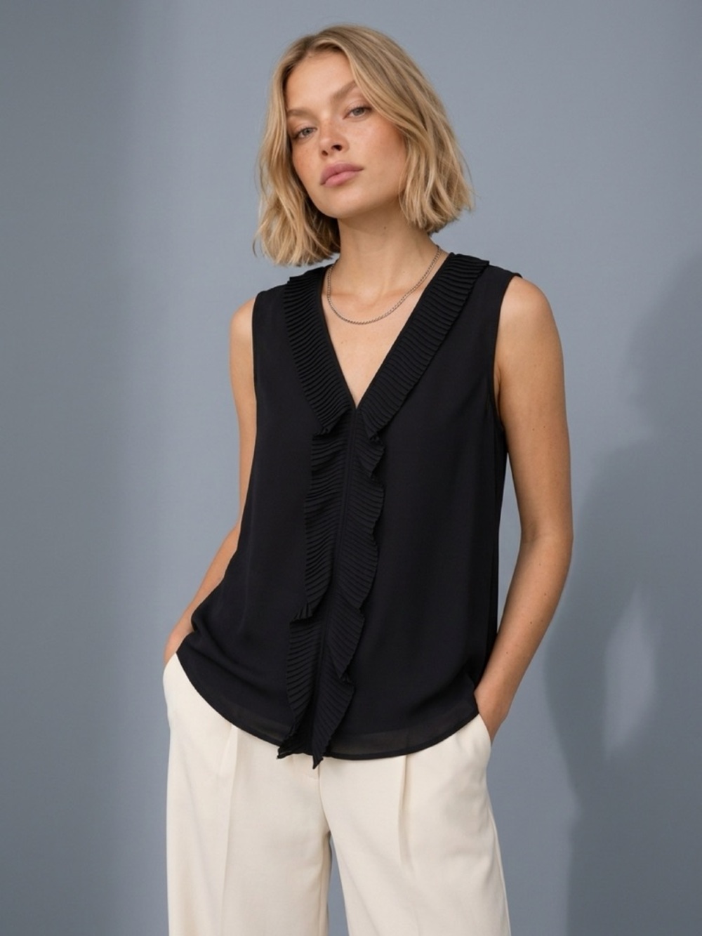 Banana Republic Black Sleeveless V-Neck Pleated-Trim Camisole